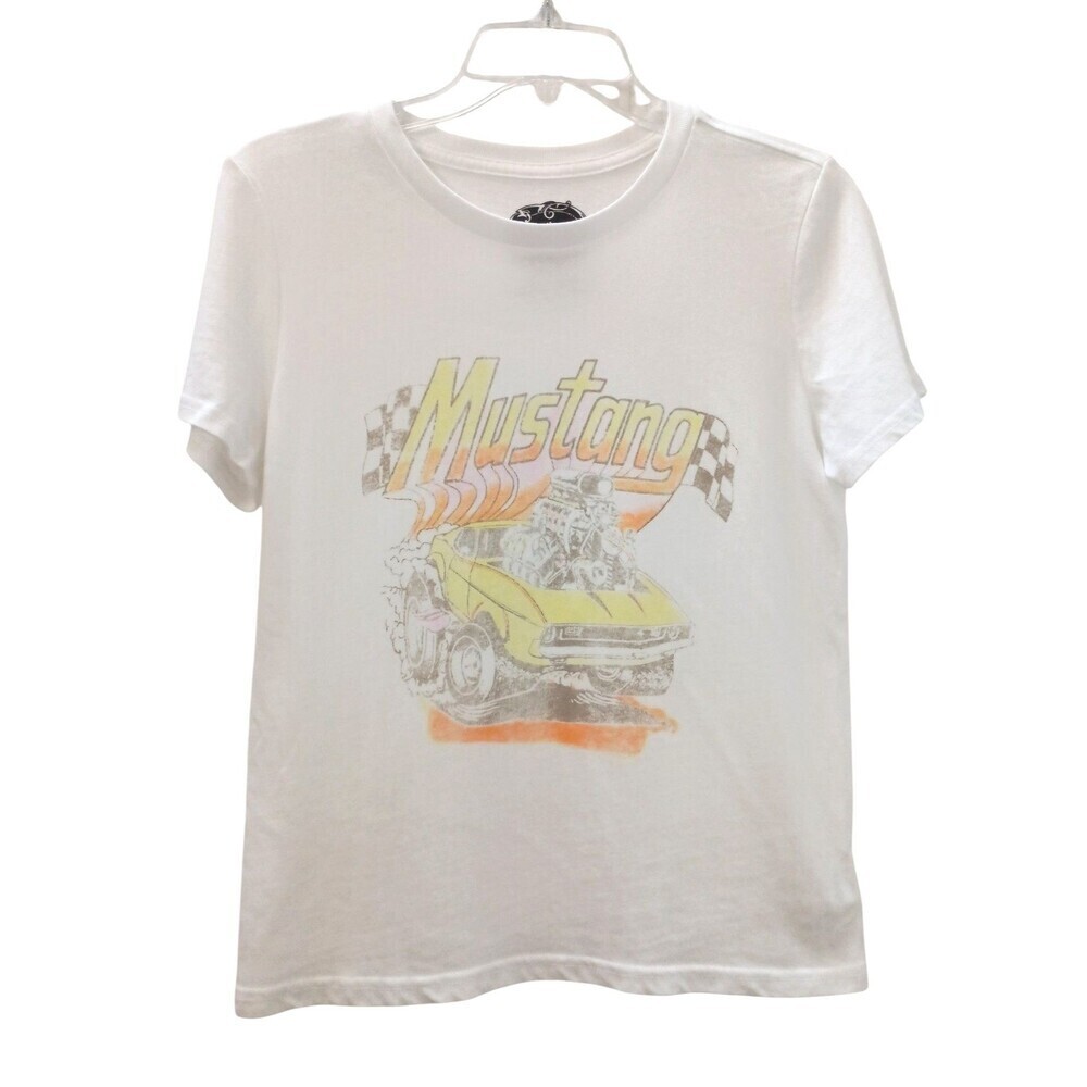 Ford Mustang Womens Small White Graphic T Shirt Muscle Car Logo Casual Tee